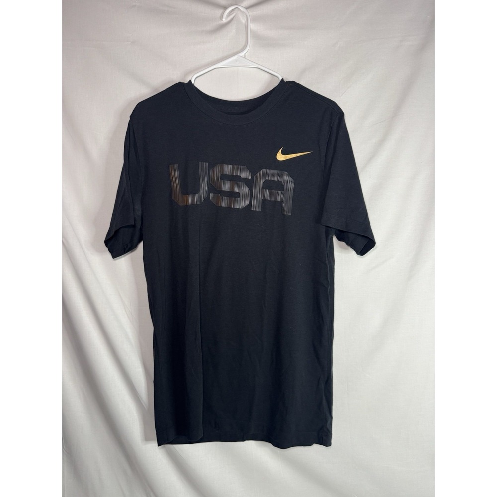 Nike USA T Shirt Men's Small Black Gold Swoosh Raised Rubber Graphic Tee